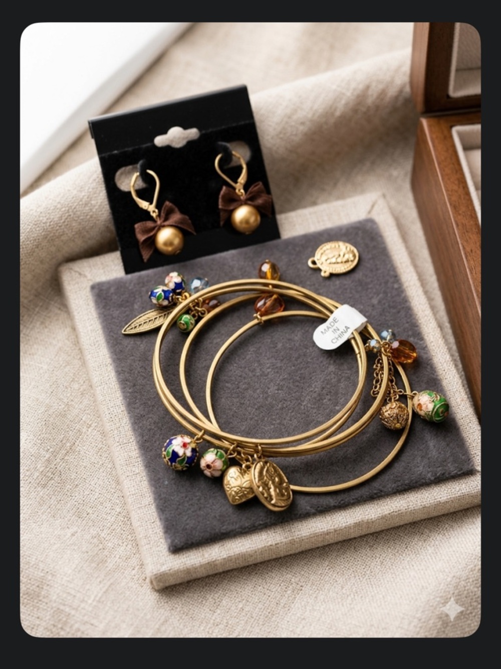 Gold Charm Bangle Bracelet Set with Floral Beads and Earrings